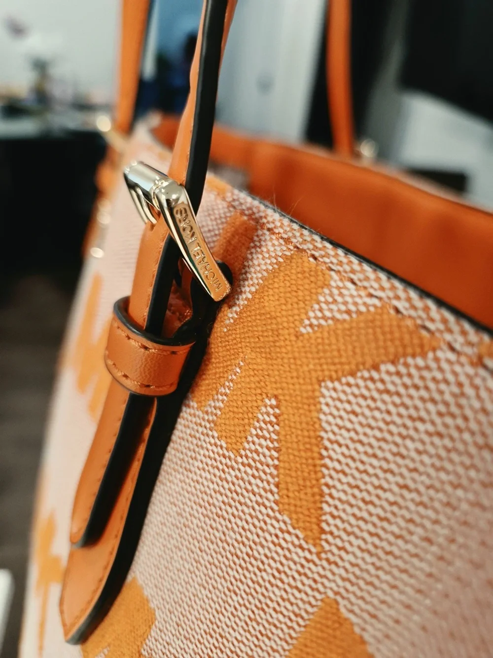 MICHAEL KORS Orange MK Logo Canvas Tote with Leather Trim